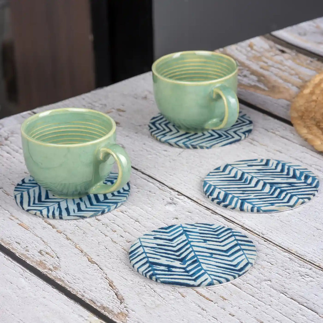 Blue Cotton Fabric Coated MDF Round Coaster Set | Set of 4