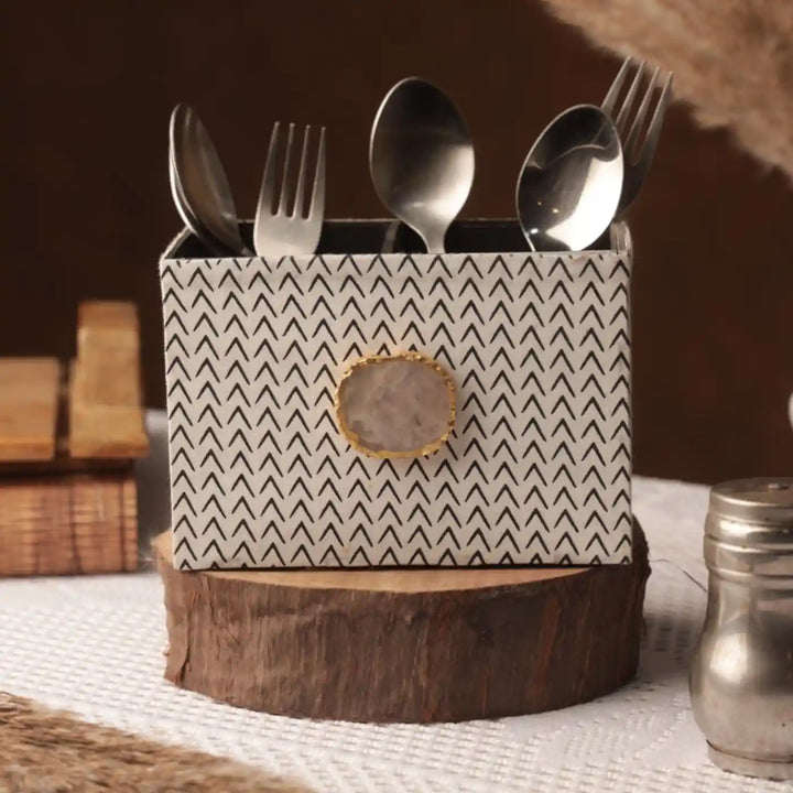 Black And White Cotton Fabric Coated MDF Cutlery Holder With Agate Accent | 6 x 4 x 3.5 inch
