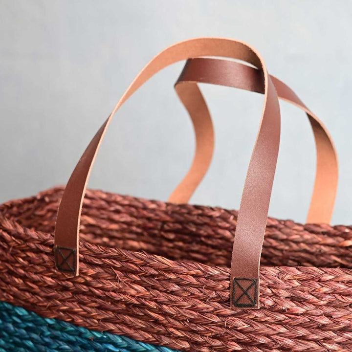 Handmade Grass Woven Single Brown And Indigo Horizontal Stripped Sabai Mesh Handbag