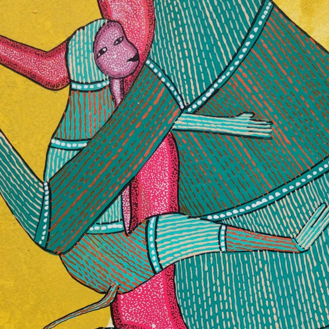 11 x 16 Inch | Mother’s Embrace Monkey & Baby | Original Hand Painted Tribal Gond Art Painting | Acrylic Paints On Paper