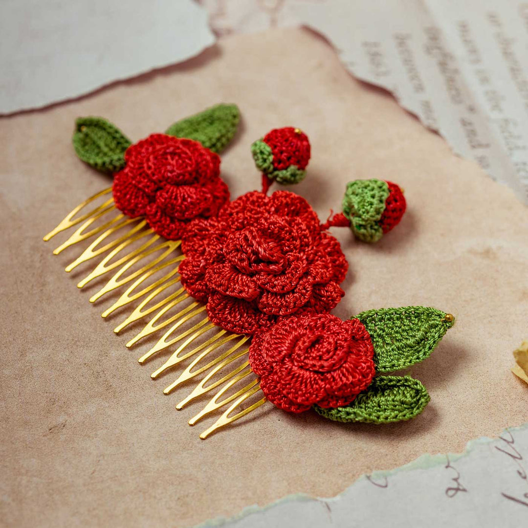 Handmade Crochet Guncha Red Camelias Hair Comb Pin
