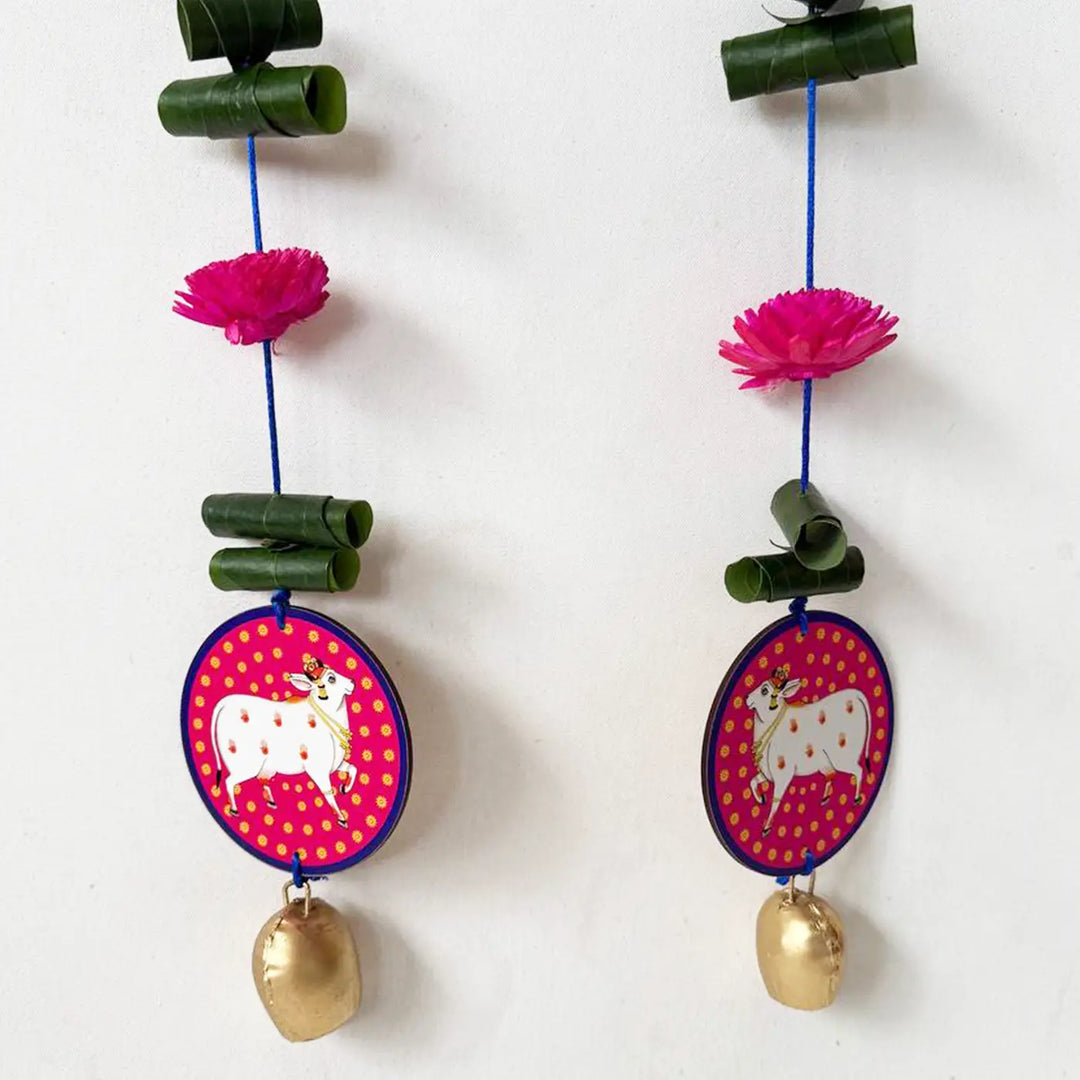 2 Pc | Handmade Cow Motif Pink & White Shola Flower Hanging