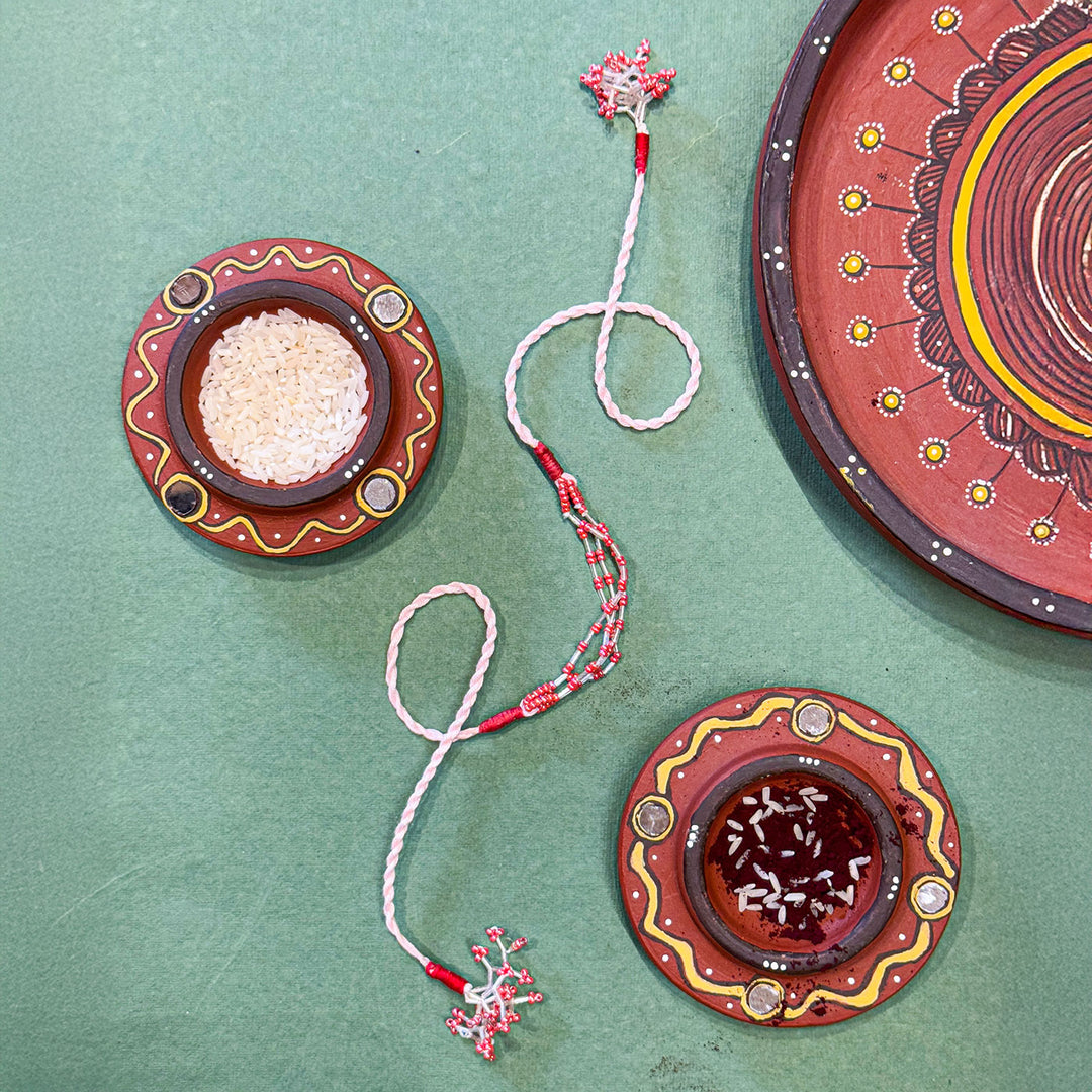 Handmade Reusable Pink Corel Cotton Rope Rakhi For Brother - Overhead Styling with Decorative Plates