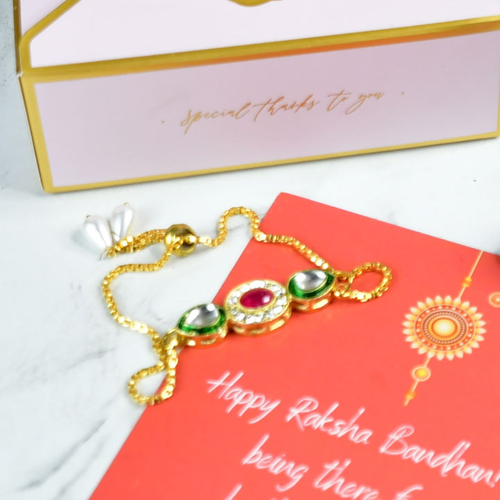 Beaded Red And Green Bracelet Rakhi Hamper With Chocolates And Roli Chawal For Brother Customizable Options Includes Up To 7 Goodies - Bracelet with gift box and greeting card