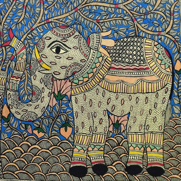 22 x 30 Inch | Elephants Under The Tree | Original Hand Painted Madhubani Painting | Natural Pigments On Paper