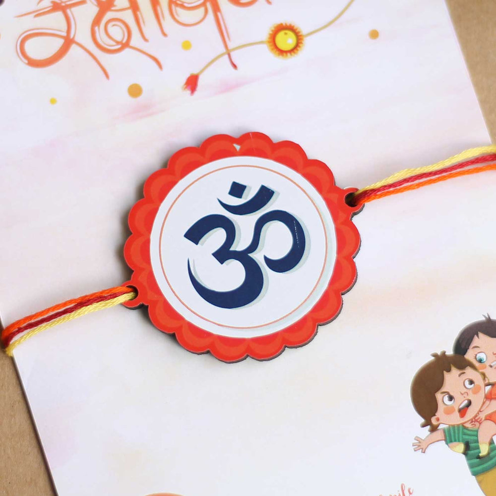 Handmade Om Design Religious Magnet Wooden Rakhi With Roli Chawal - Close-up of Rakhi Design