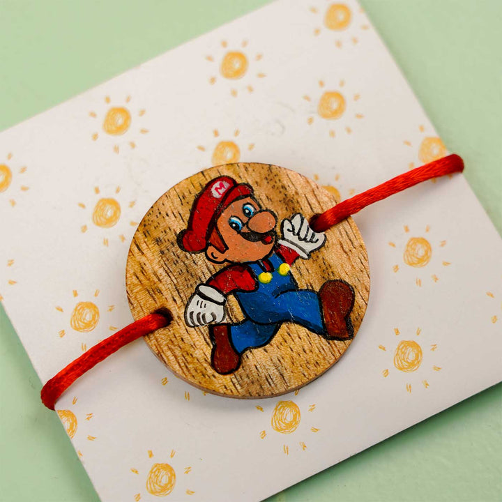 Personalized Hand Painted Mario Wooden Rakhi With Roli Chawal - Alternate Front View on Card