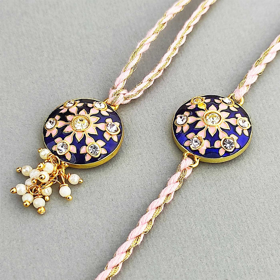 Handmade Meenakari Blue Buta Brass Bhaiya Bhabhi Rakhi With Roli Chawal - Close-up View Showing Detailing