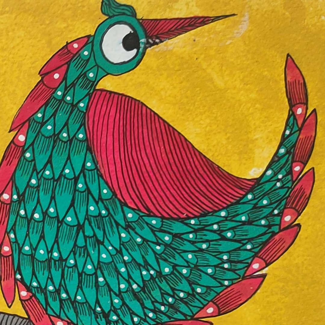 11 x 16 Inch | Wild Companionship Of Elephant & Bird | Original Hand Painted Tribal Gond Art Painting | Acrylic Paints On Paper