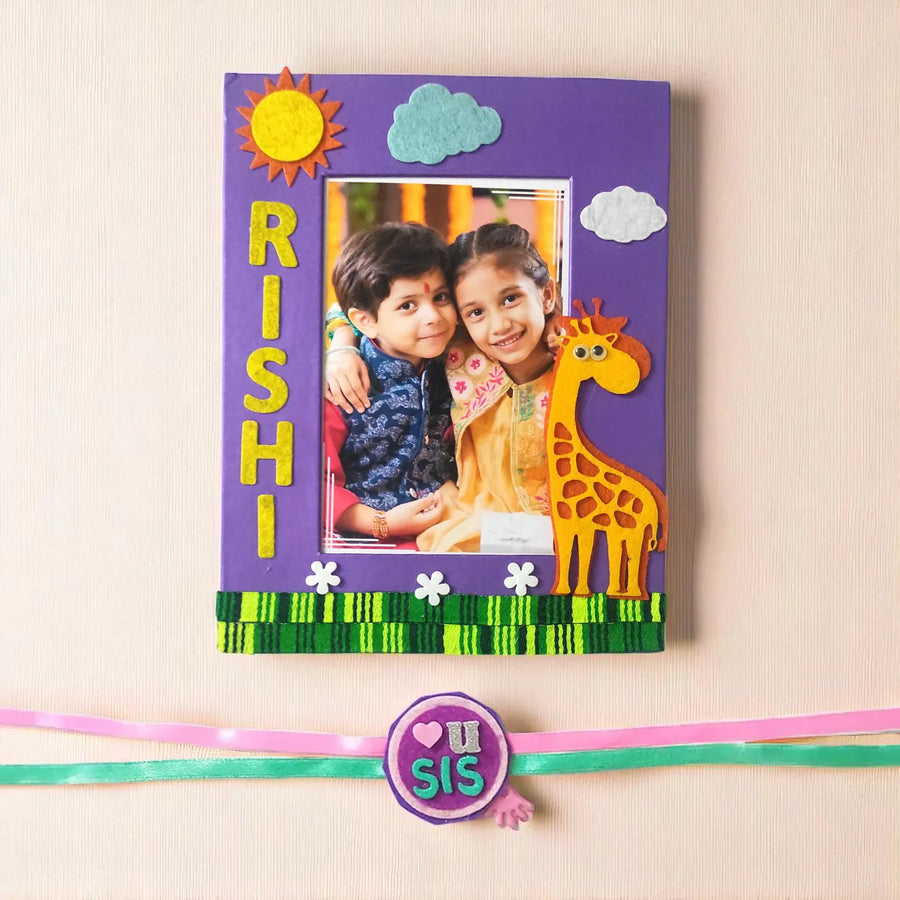Photo Personalized Jungle Theme Felt Rakhi Hamper With Roli Chawal Includes 1 Photo Frame 1 Rakhi - Personalized Photo Frame with Rakhi