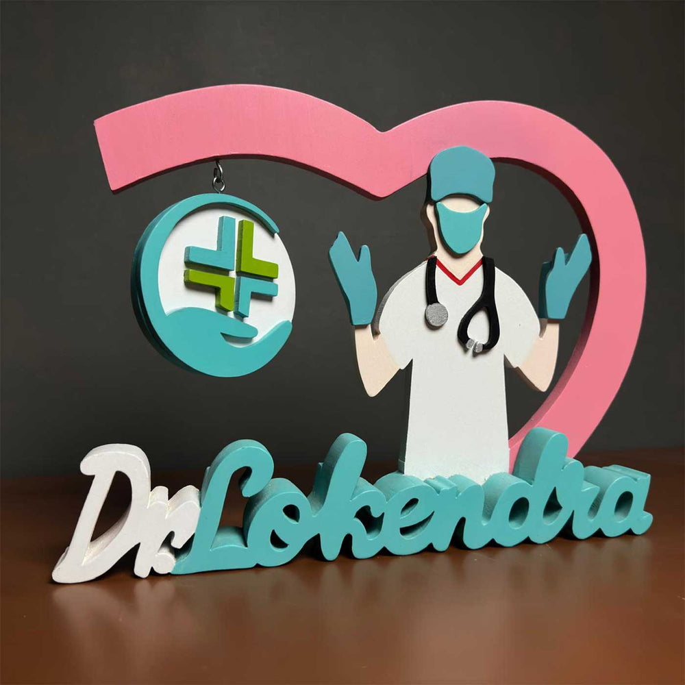 Personalized Cross Sign General Physician Mdf Wood Desk Name Plate - Front View on Flat Surface