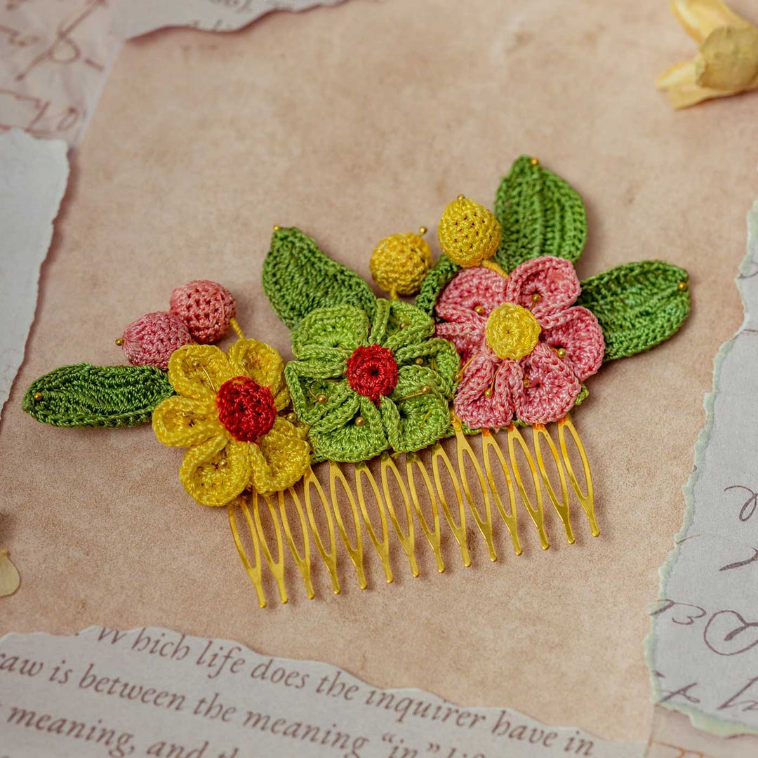 Handmade Crochet Guncha Colored Geraniums Hair Comb Pin