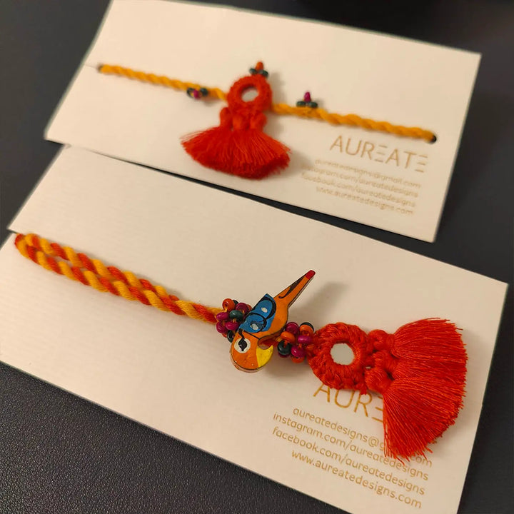 Handmade Mirror Work Bird & Tassels Bhaiya Bhabhi Rakhi With Roli Chawal