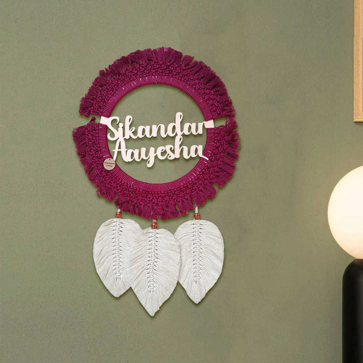 Personalized Macrame Round Pink & White Name Plate For Couples