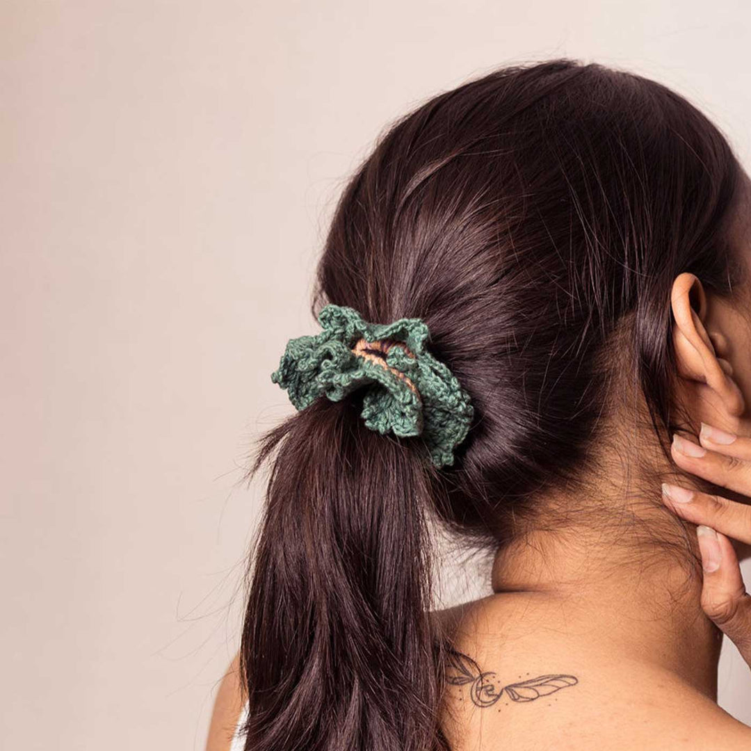 Handmade Crochet Guncha Mustard Green Cluster Scrunchie | Set Of 2