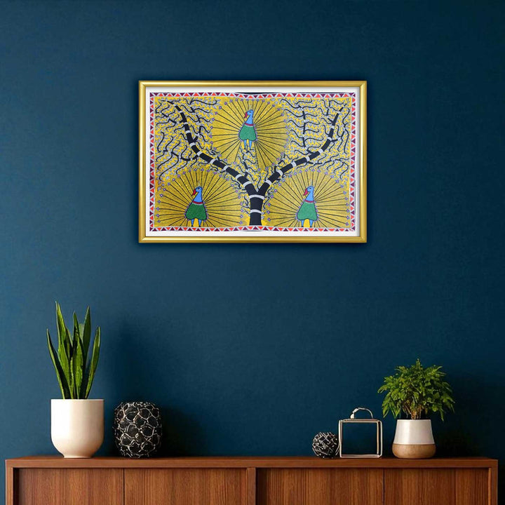 22 x 30 Inch | Peacock Trio | Original Hand Painted Madhubani Painting | Natural Pigments On Paper