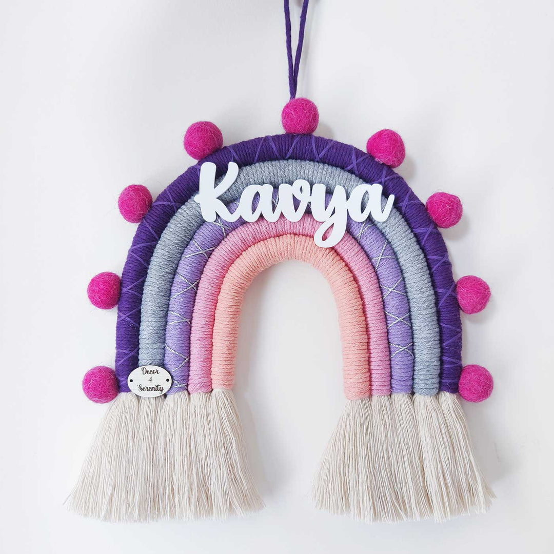 Personalized Handmade Macrame Pom Pom Rainbow Kids Name Plate With 3D Letters