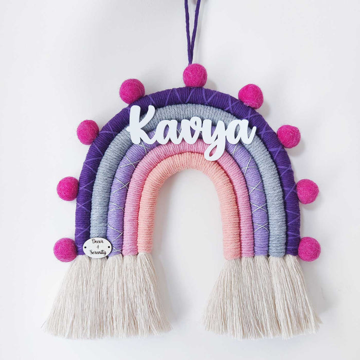 Personalized Handmade Macrame Pom Pom Rainbow Kids Name Plate With 3D Letters