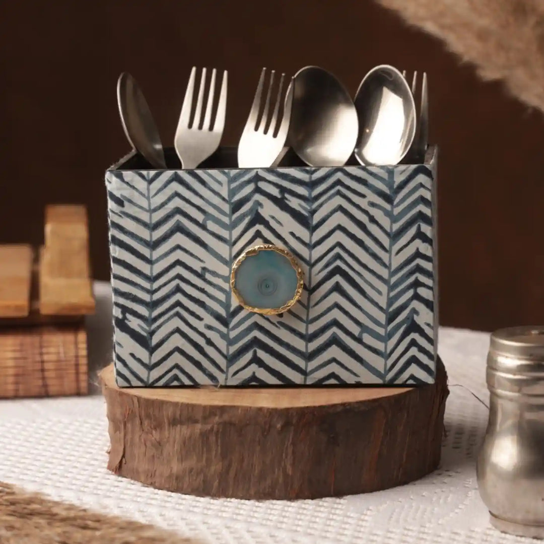 Blue Cotton Fabric Coated MDF Cutlery Holder With Agate Accent | 6 x 4 x 3.5 inch