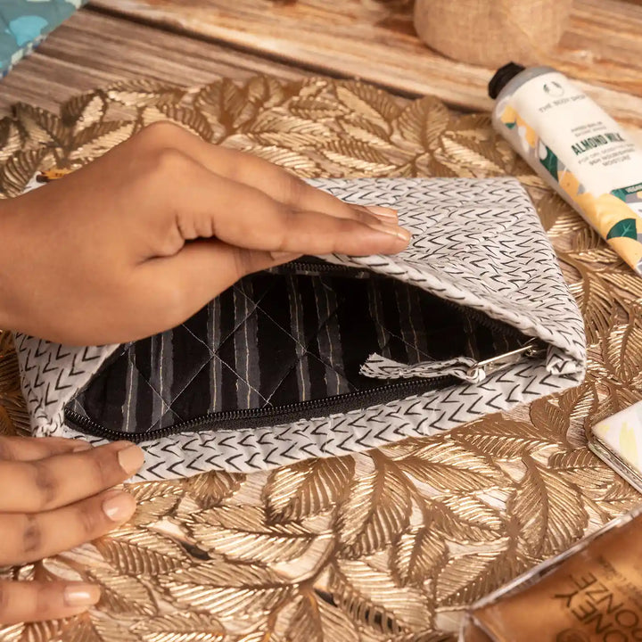 Black And White Cotton Ecofriendly Travel Pouch Multipurpose Organizer | 9 x 7 inch