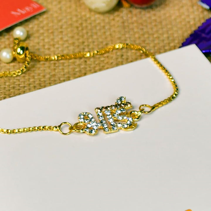 Beaded Bhai Pearl And Stone Bracelet Rakhi Hamper With Chocolates And Roli Chawal For Brother Customizable Options Includes Up To 7 Goodies - Close-up of bracelet centerpiece