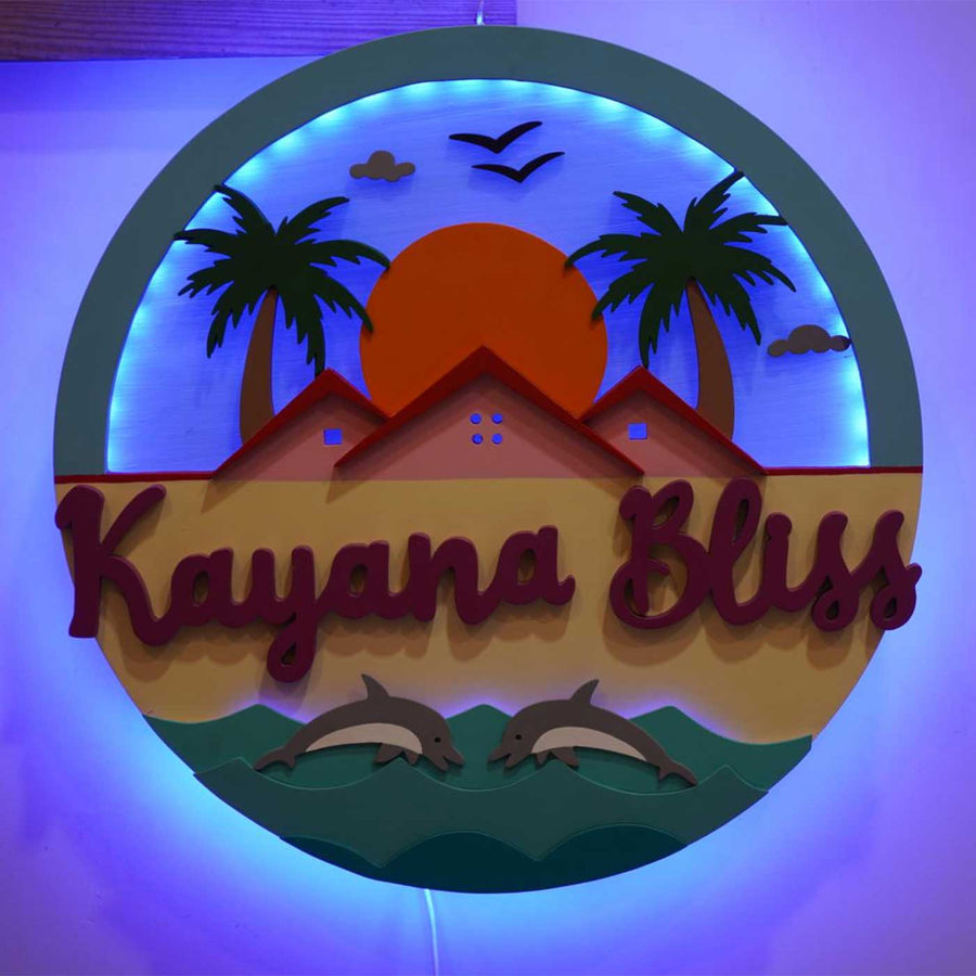 Personalized Beach Theme Mdf Wood Round Name Plate With Back Light - Front View with Blue Backlighting
