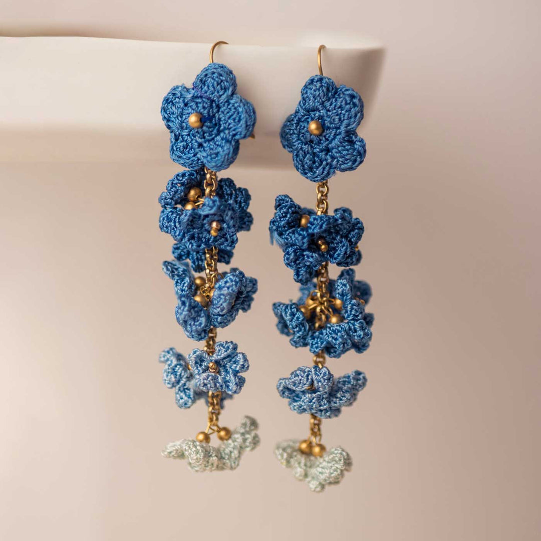 Handmade Crochet Indigo Shower Floral Dangler Earrings