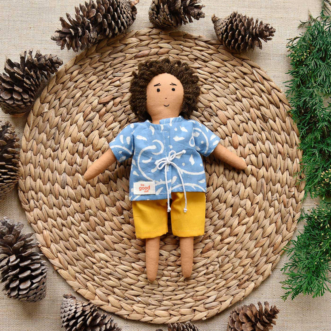 Nilah's (Younger Brother) Raagu In Shirt & Pant | Soft Hand-Stitched Sustainable Indian Play Doll