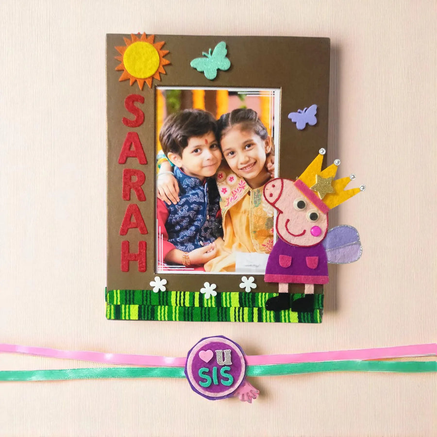 Photo Personalized Peppa Pig Theme Felt Rakhi Hamper With Roli Chawal Includes 1 Photo Frame 1 Rakhi - Photo Frame with Name Personalization