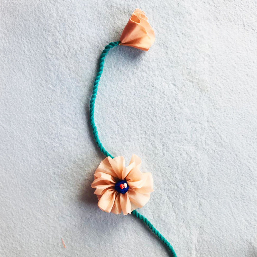 Handmade Flower Design Pom Pom Upcycled Fabric Rakhi With Roli Chawal For Brother - Full Length Display