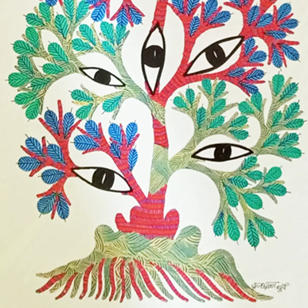 16 x 23 Inch | Eyes & Tree | Original Hand Painted Tribal Gond Art Painting | Acrylic Paint On Paper