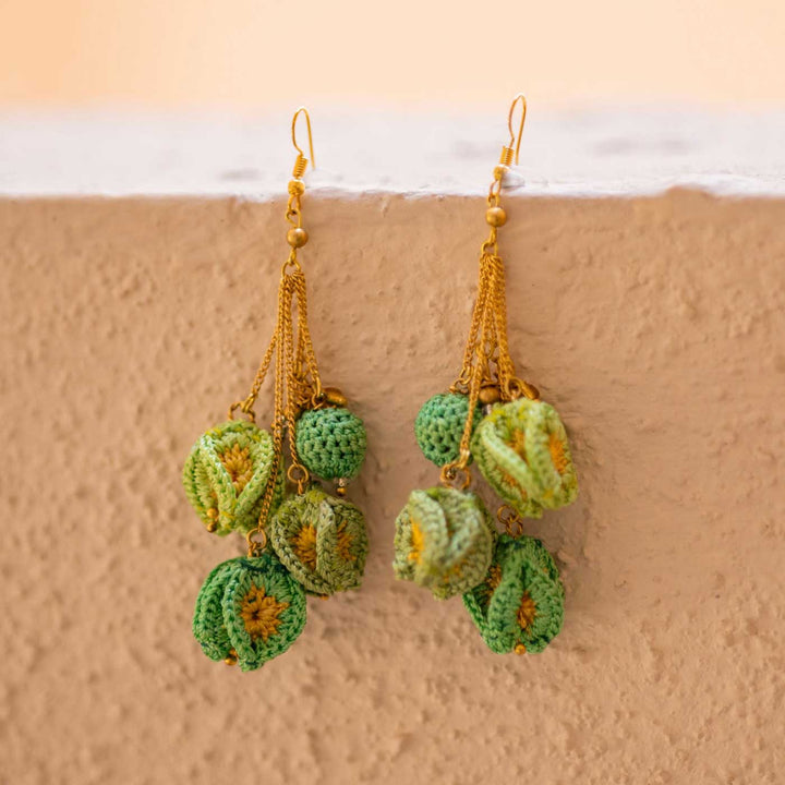 Handmade Crochet Green Bougainvillea Viscose Thread Swing Earrings