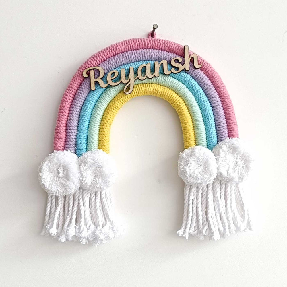 Personalized Macrame Rainbow Name Plate - Hanging from Single Wall Hook