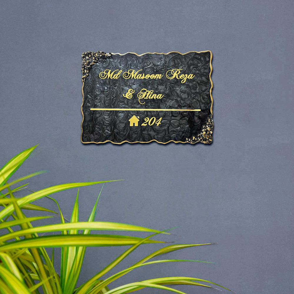 Personalized Resin Metallic Golden And Black Name Plate - Mounted on Wall Close-up View