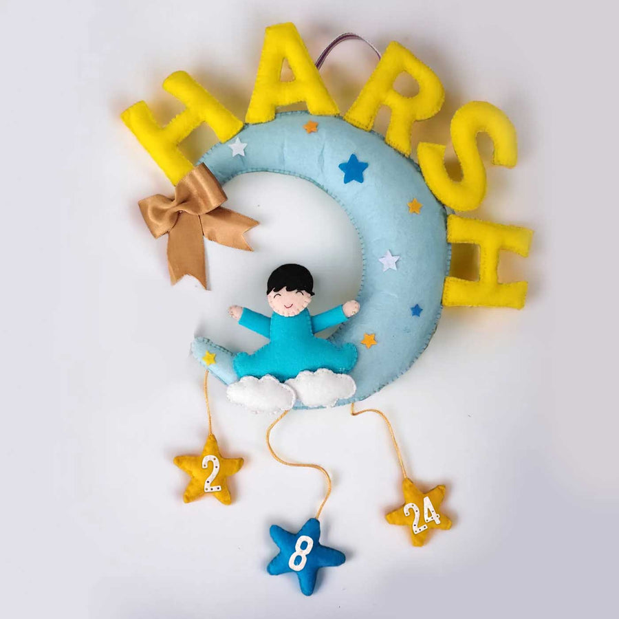Personalized Handmade Baby Moon Felt Name Plate - Front View Hanging Display