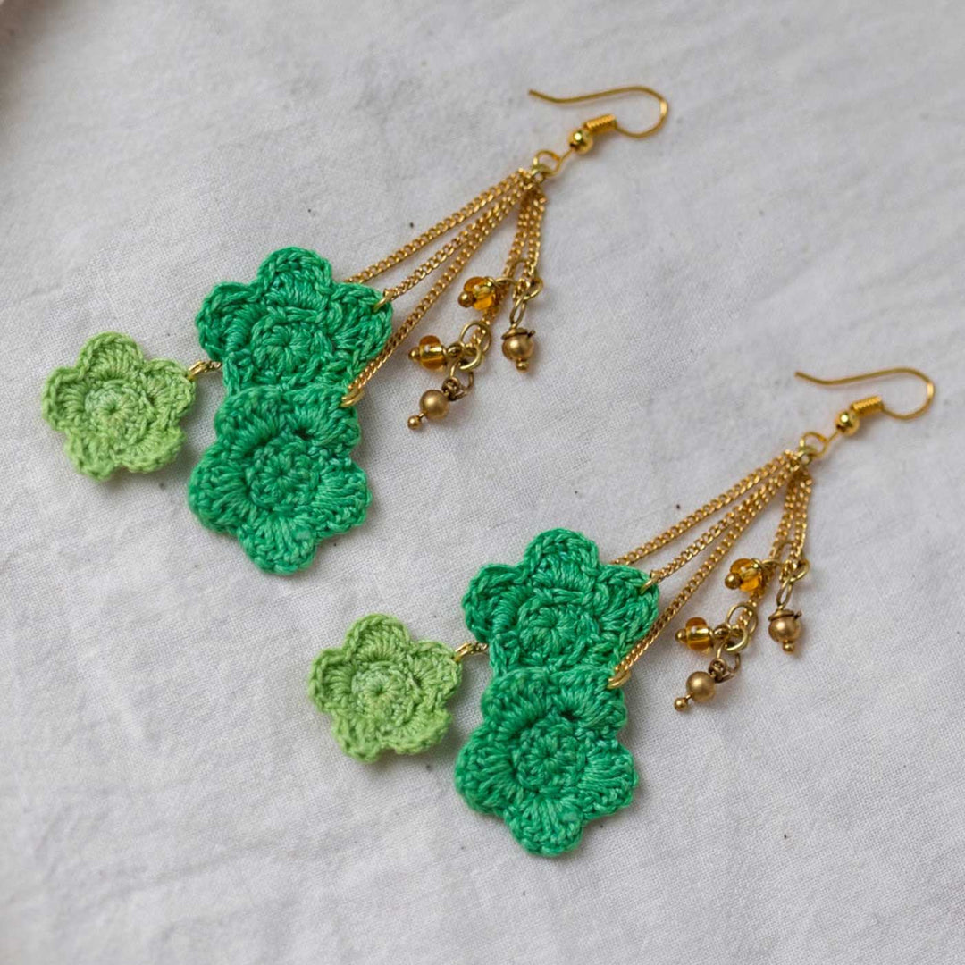 Handmade Crochet Green Poppies Viscose Thread Swing Earrings