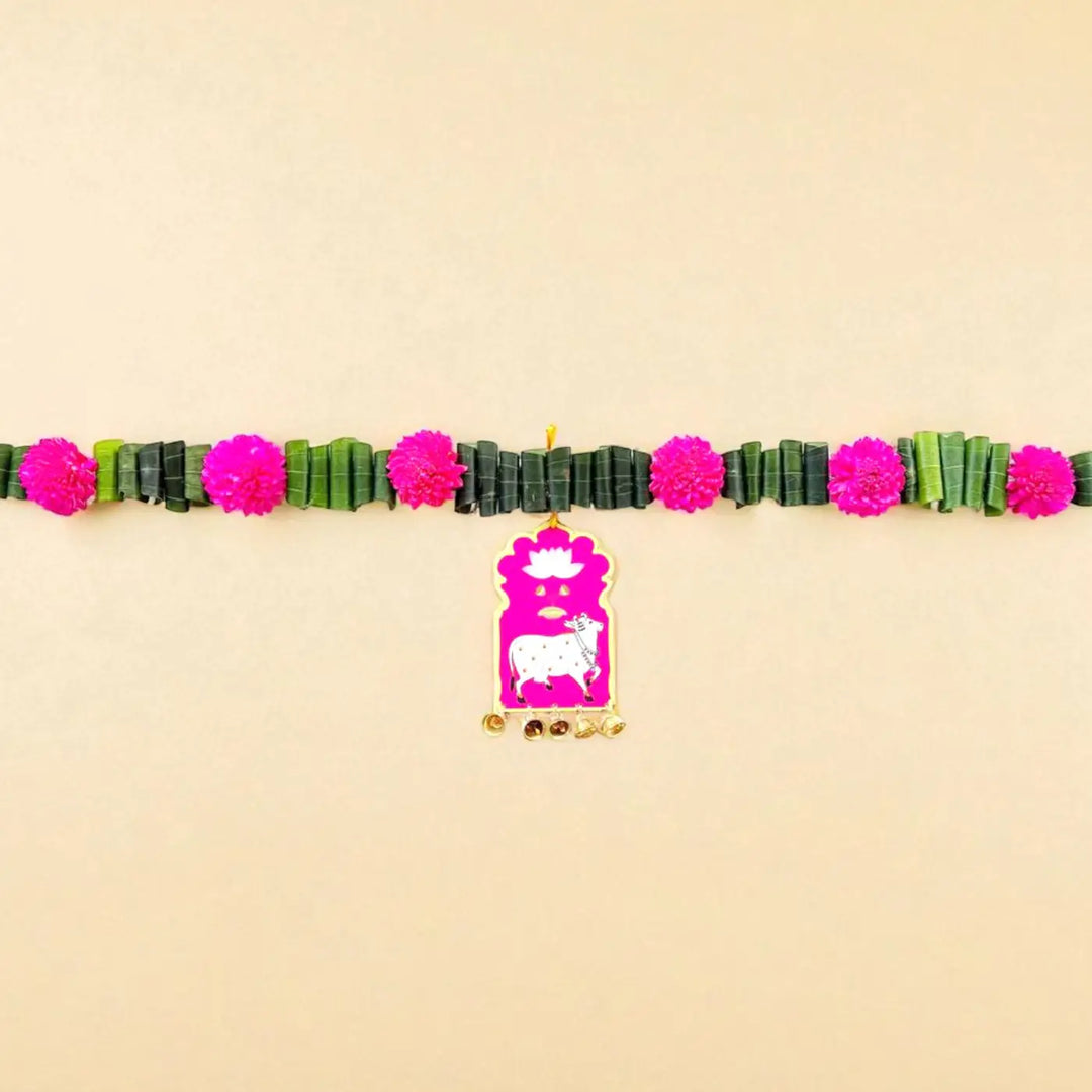 Handmade Pink Cow Motif Shola Flower Toran