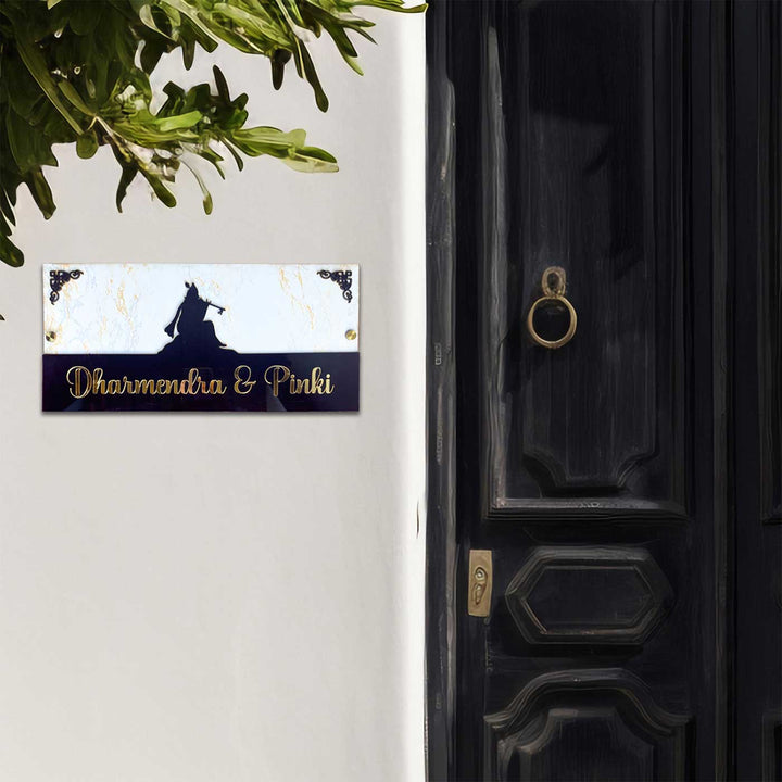 Personalized Krishna Theme Mdf Wood Name Plate - Mounted on Exterior Wall Near Door