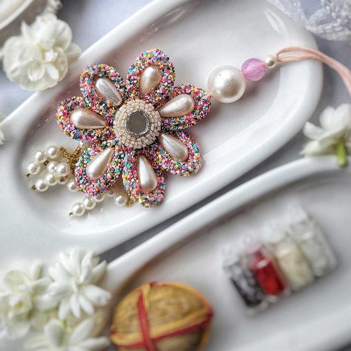 Handmade Beaded Candy Floss Flower Rakhi Hamper With Roli Chawal For Bhaiya And Bhabhi - Floral Rakhi Detailed View