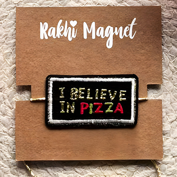 Handmade Reusable I Believe In Pizza Felt Kids Rakhi - Close-up of Magnet on Card