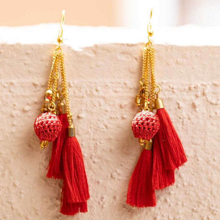 Handmade Crochet Red Tassel Viscose Thread Swing Earrings