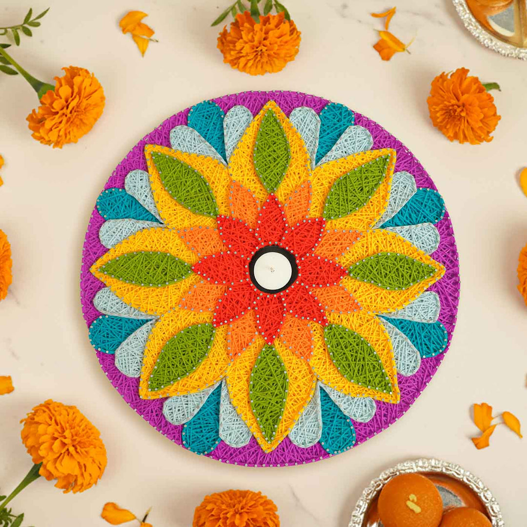 Handmade String Art Rangoli Design Mdf Wood Tealight Holder