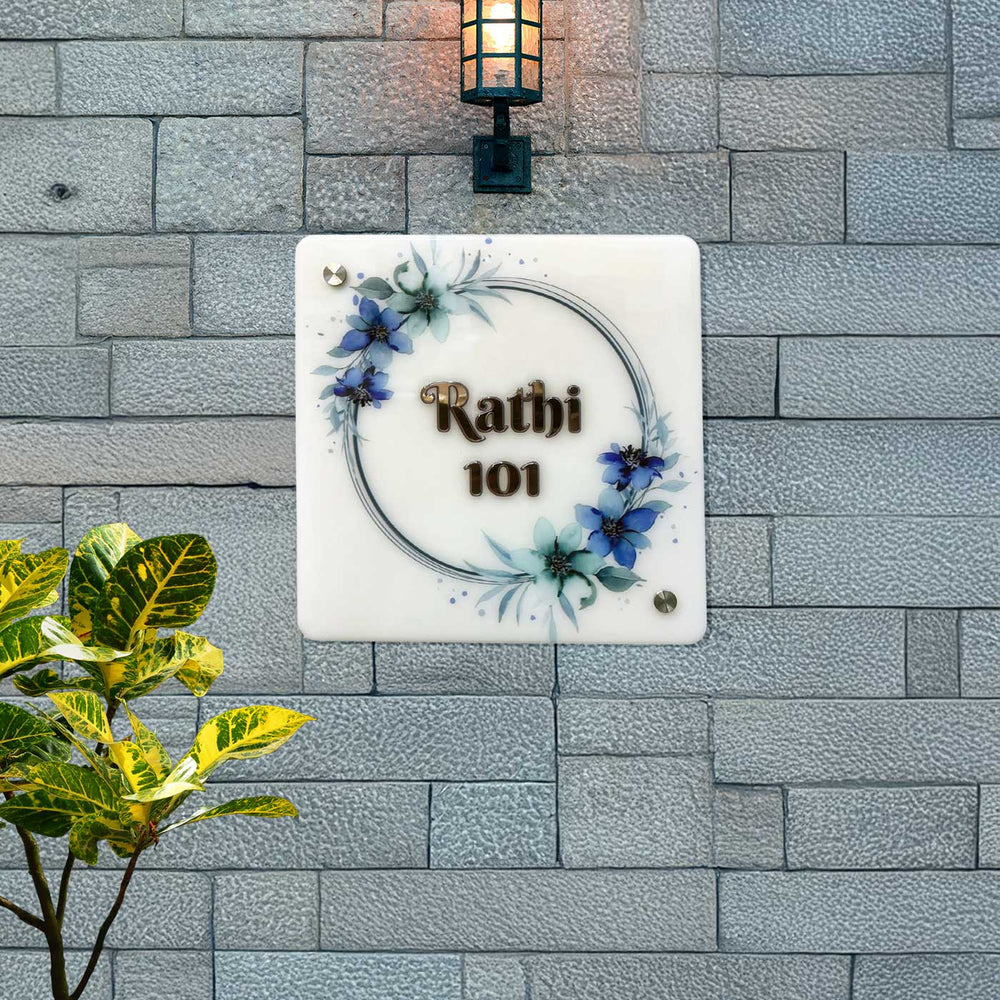 Personalized Square Shaped Floral Theme Acrylic Name Plate - Mounted on Exterior Wall
