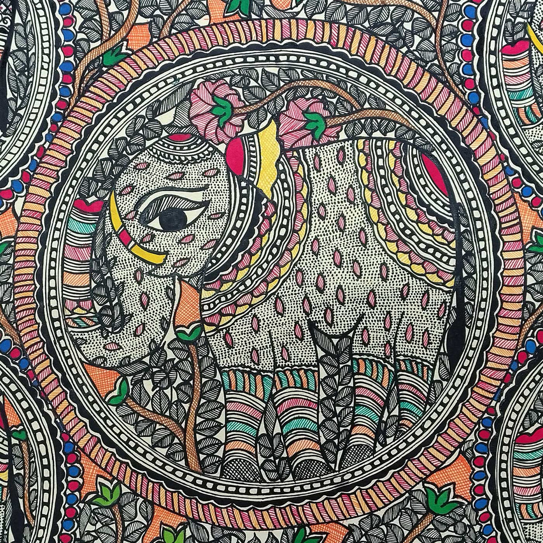 22 x 30 Inch | Elephants & Tree | Original Hand Painted Madhubani Painting | Natural Pigments On Paper