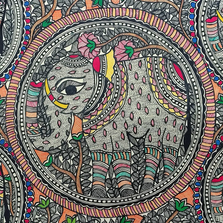 22 x 30 Inch | Elephants & Tree | Original Hand Painted Madhubani Painting | Natural Pigments On Paper