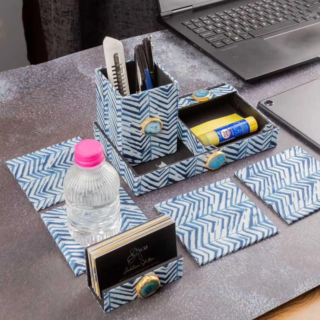 Blue Cotton Fabric Coated MDF Desk Organiser Set With Agate Accents