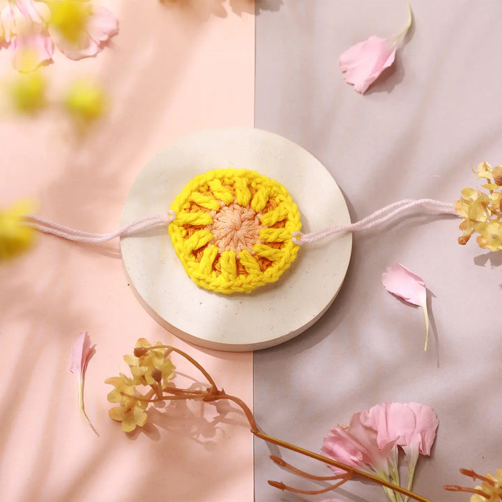 Handmade Crochet Round Yellow Rakhi With Roli Chawal