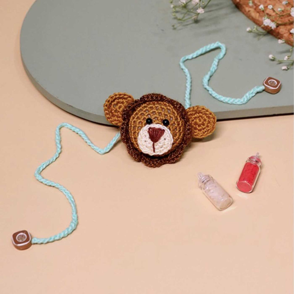 Handmade Crochet Lion Cub Kids Lumba Rakhi With Roli Chawal - Extended Length Display