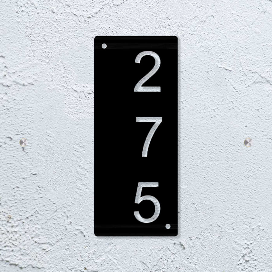Personalized Laser Cut Minimalist Design Steel Vertical Name Plate - Front View Mounted on Wall