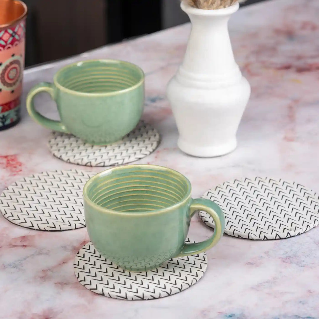 Black And White Cotton Fabric Coated MDF Round Coaster Set | Set of 4